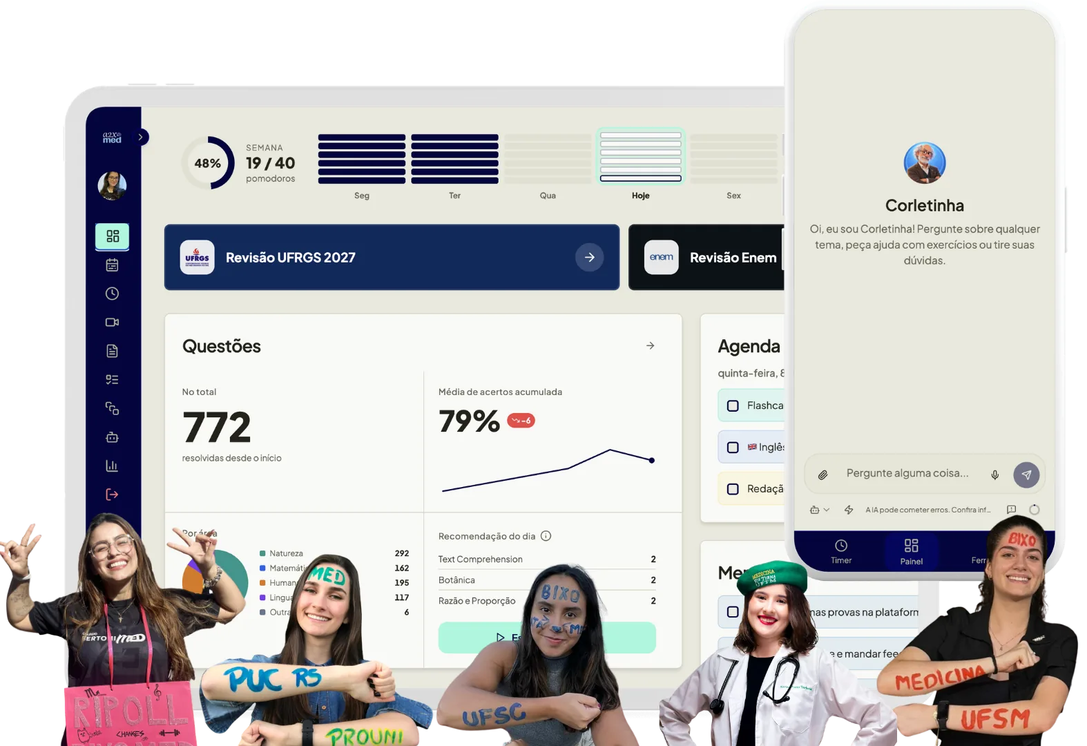 Plataforma A2X no computador e no celular, com o painel de questões, a agenda e o assistente de IA Corletinha, à frente de alunas aprovadas em medicina