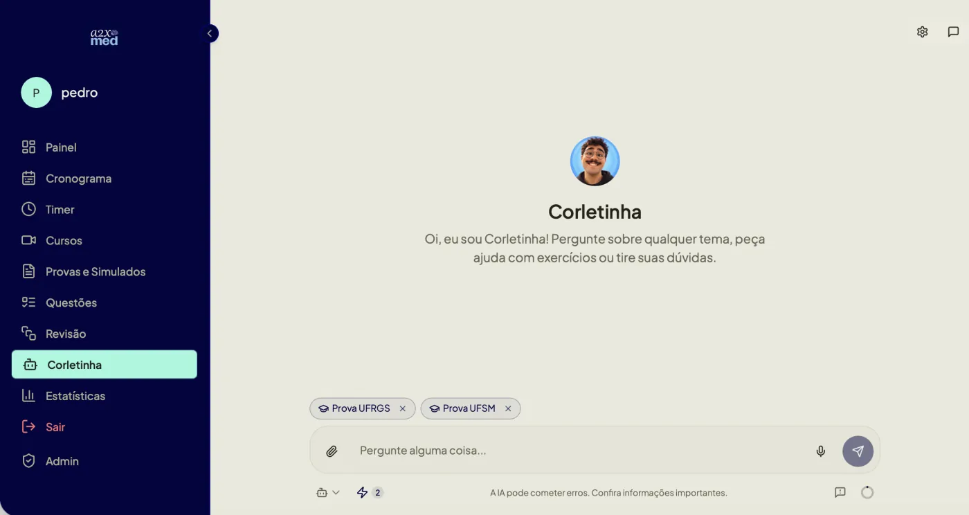 Assistente de IA da A2X respondendo dúvidas e sugerindo o que estudar