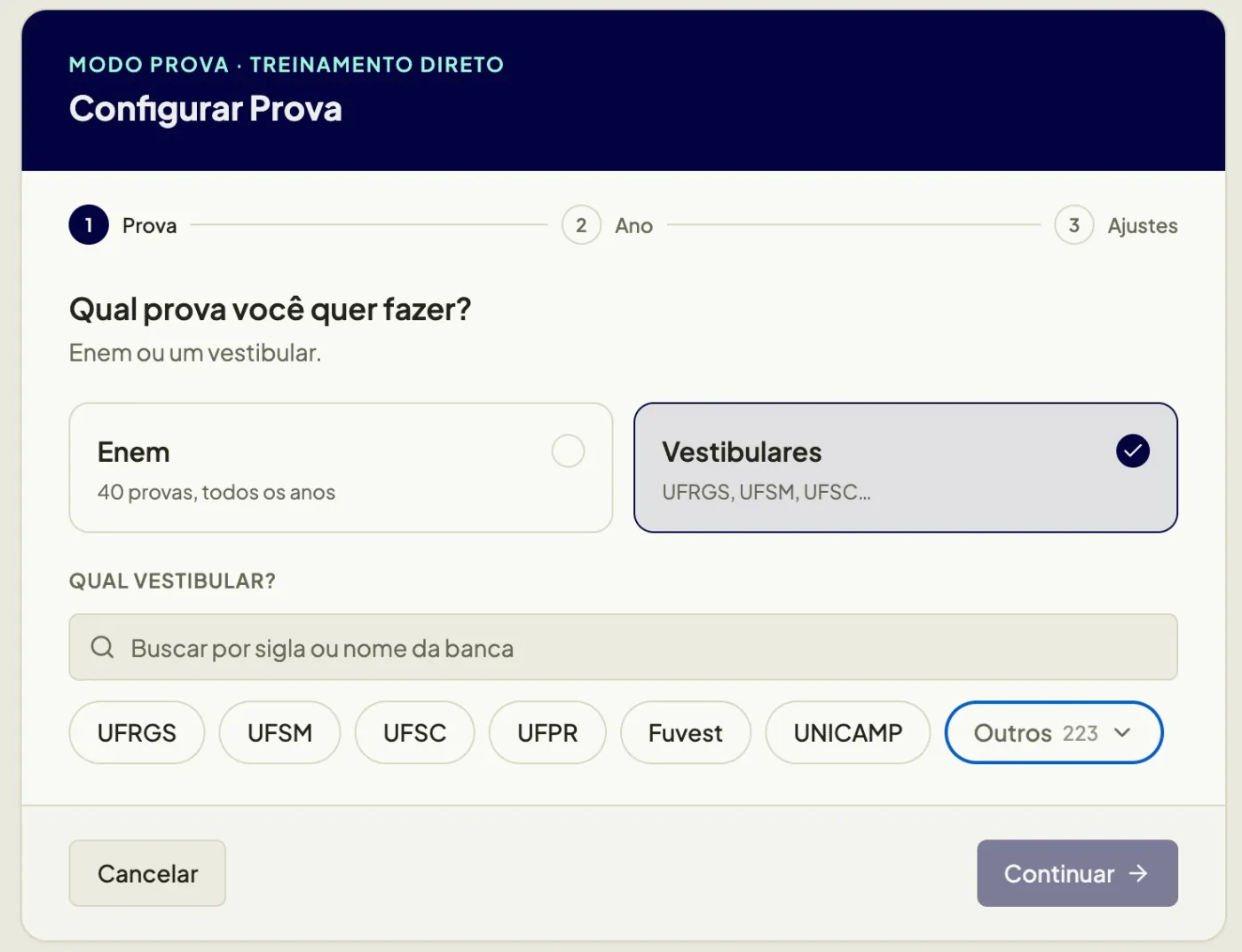Modo Prova da plataforma A2X: escolha da banca e configuração da prova